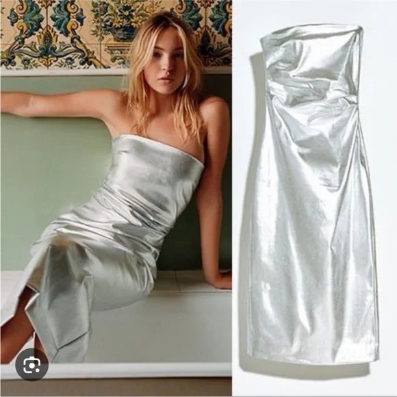 Zara The Fitted Denim bodycon silver midi dress sz.XS - Picture 2 of 16